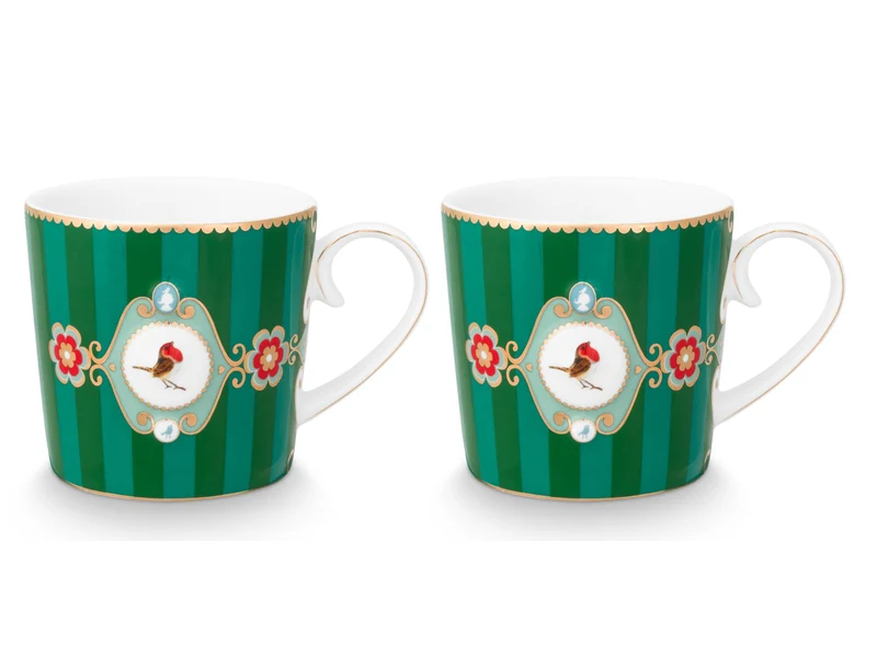 PIP STUDIO Love Birds Medallion Stripes Emerald-Green Henkelbecher Small 0,15l Set2