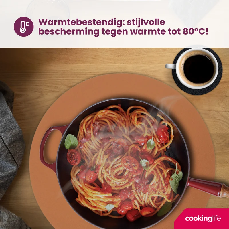 Cookinglife 6 Platzsets + 6 Untersetzer - Doppelseitig - Rund - Veganes Leder - Schwarz / Cognac - 12 Stück