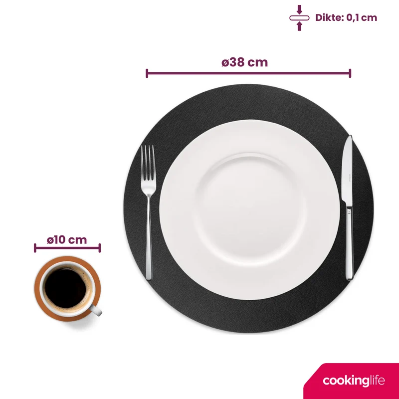 Cookinglife 6 Platzsets + 6 Untersetzer - Doppelseitig - Rund - Veganes Leder - Schwarz / Cognac - 12 Stück
