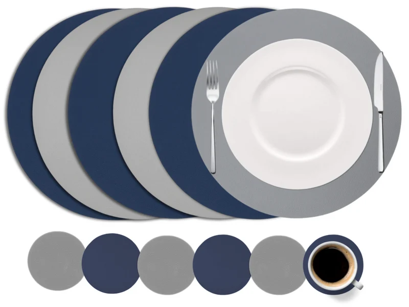 Cookinglife 6 Platzsets + 6 Untersetzer - Doppelseitig - Rund - Veganes Leder - Blau / Grau - 12 Stück