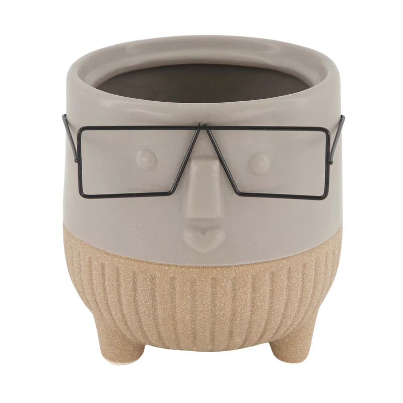 Pflanzgefäß Gesicht mit Brille Keramik 12,5x12,5x13cm Grau