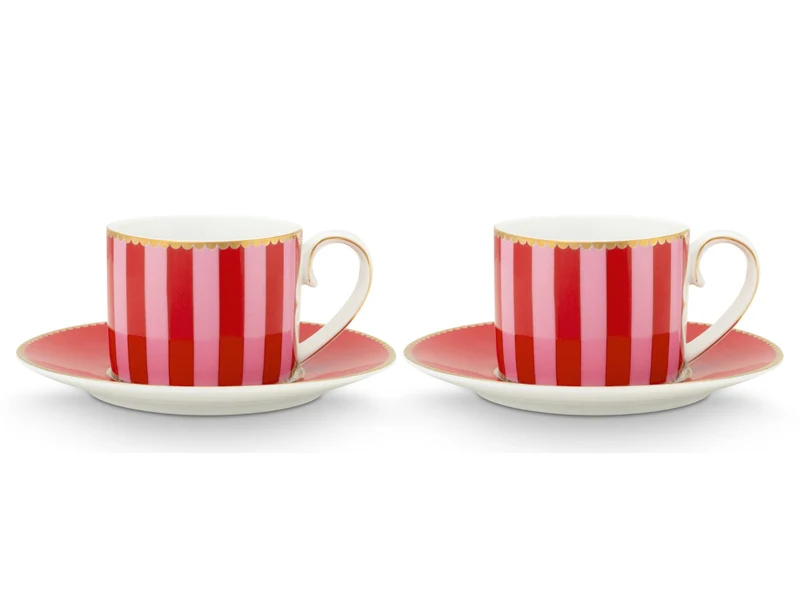 PIP STUDIO Love Birds Stripes Red-Pink Espressotasse mit Untertasse 0,125l Set2