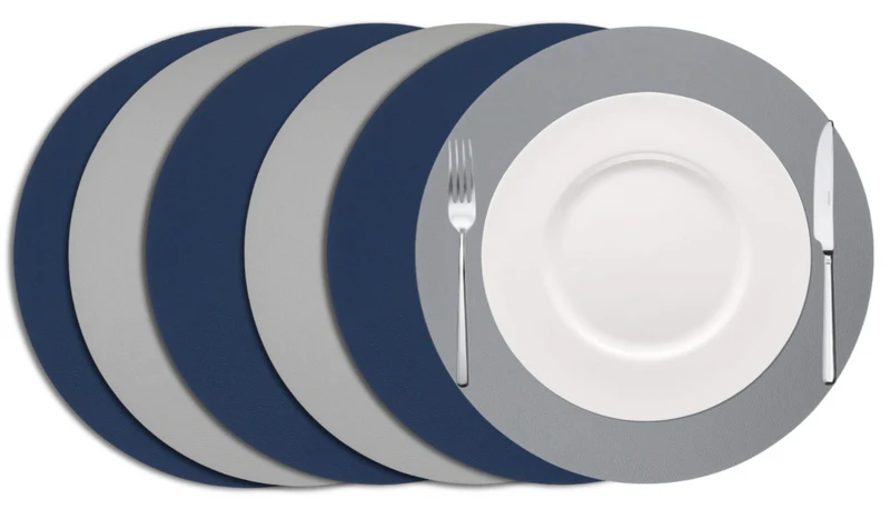 Cookinglife Tischsets - Doppelseitig - Veganes Leder - Grau / Blau ø 38 cm - 6 Stück