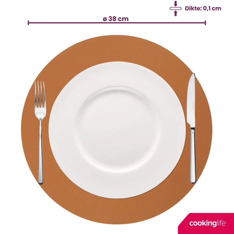 Cookinglife Tischsets - Doppelseitig - Veganes Leder - Cognac / Schwarz ø 38 cm - 6 Stück
