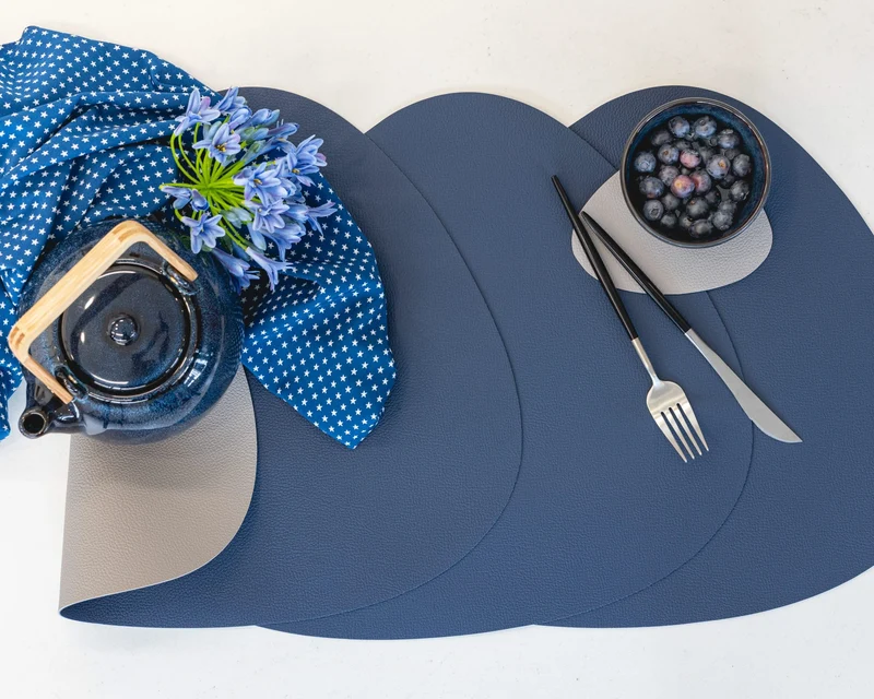 Cookinglife Untersetzer - Veganes Leder - Grau / Blau - Organic - doppelseitig - 13 x 11 cm - 6 Stück