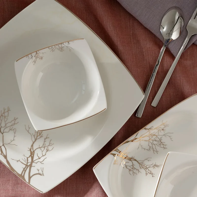 Karaca Autumn Fine Cream 60-teiliges Porzellangeschirr für 12 Personen quadratisch
