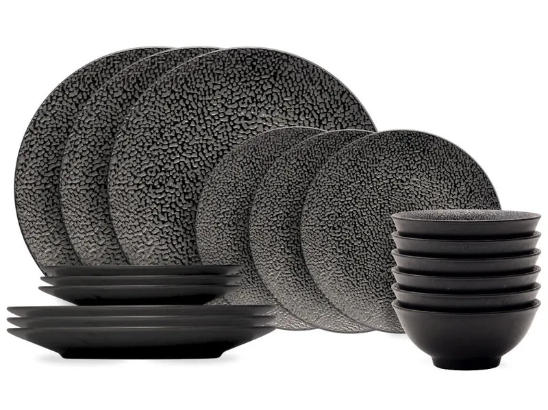 Cosy & Trendy Geschirrset Candy Schwarz - 18-teilig / 6 Personen - 6 Speiseteller, 6 Frühstücksteller und 6 Schalen