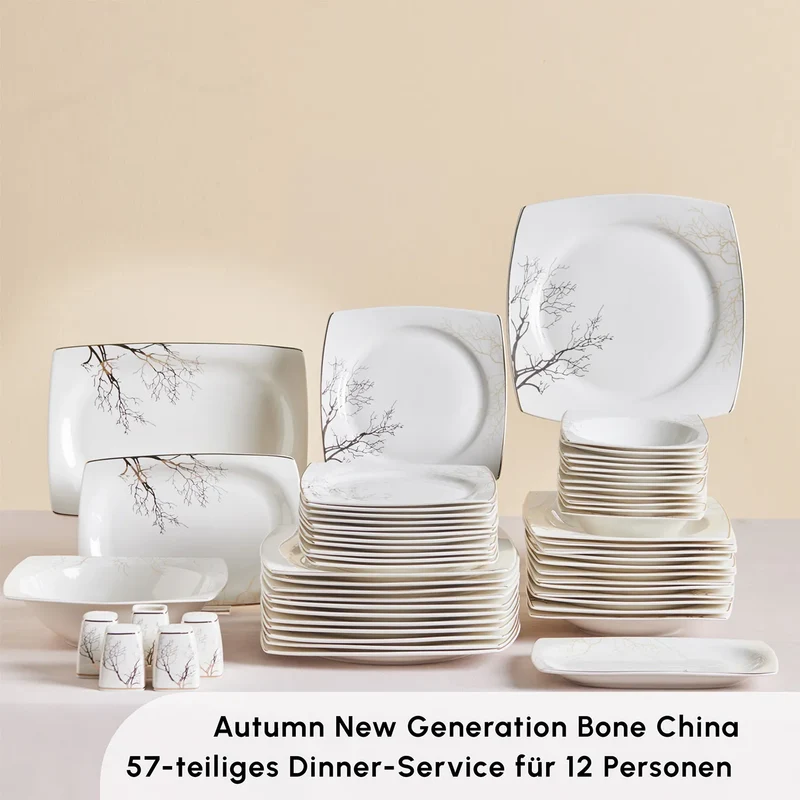 Karaca Square Bone New Autumn 57-Teiliges 12-Personen Geschirrset Gold
