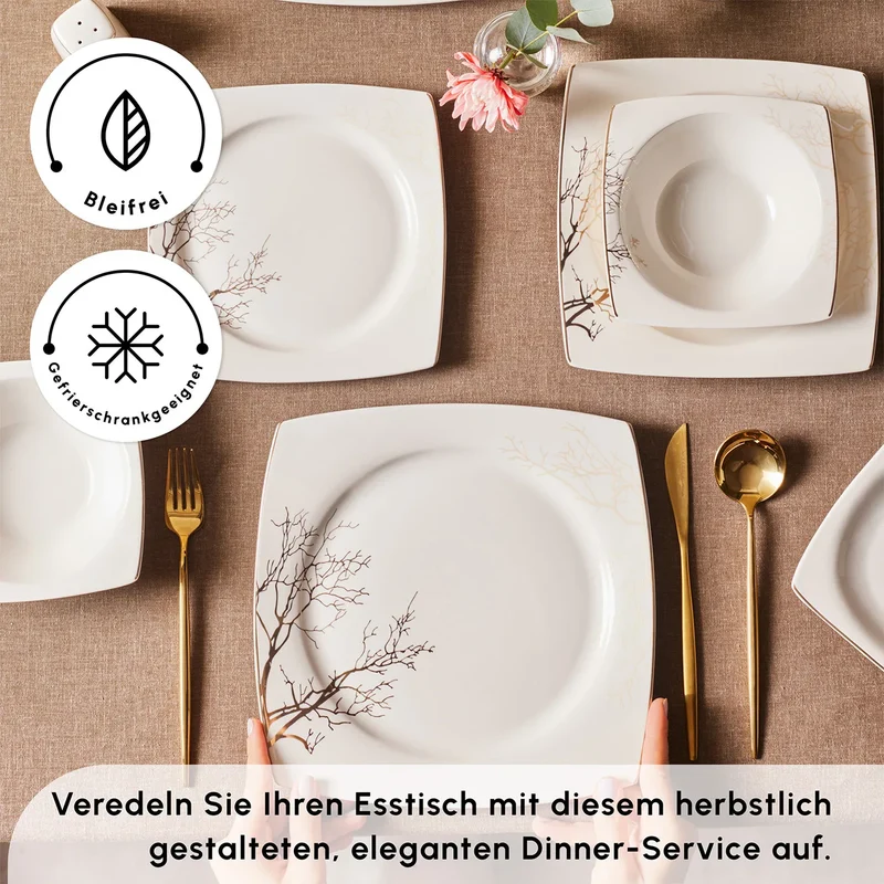 Karaca Square Bone New Autumn 57-Teiliges 12-Personen Geschirrset Gold