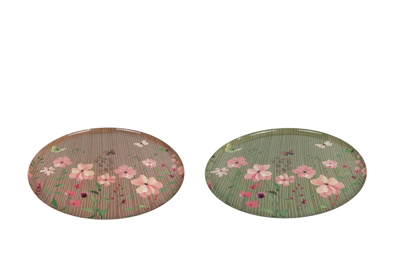 Tablett "Floral" rund grün/rosa 2-fach sortiert Metall 34x34x1,5cm