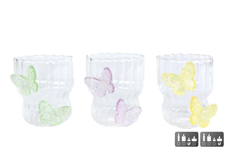 Teelichthalter Glas "Schmetterling" rosa/grün/gelb 3-fach sortiert 7,5x6,5x9cm