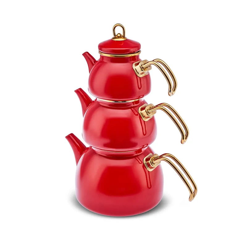 Karaca Retro Emaillierte Teekanne, 3 Teilig, Rot