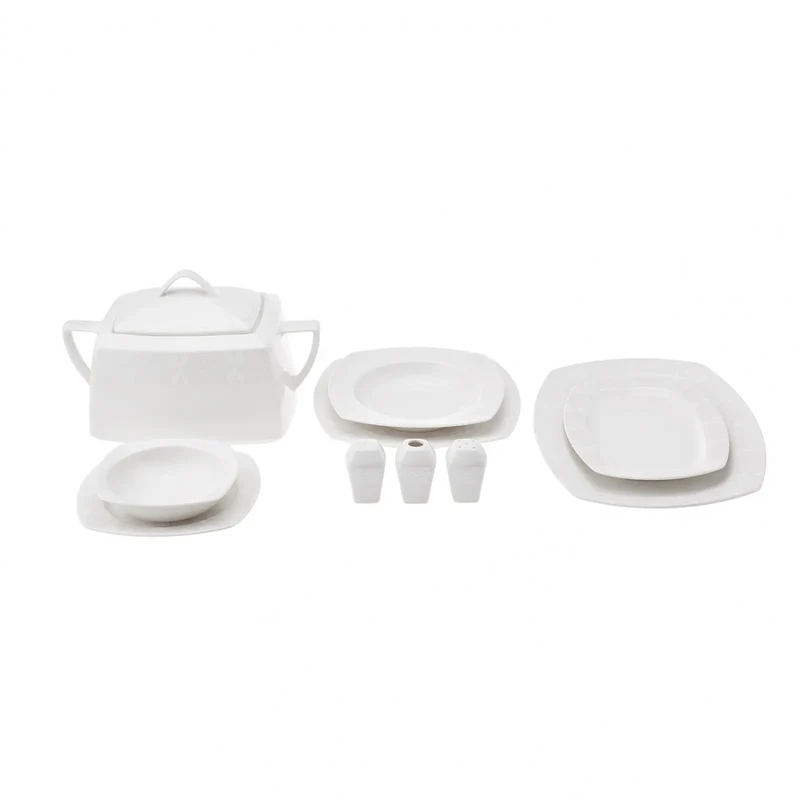 Karaca New Suha Creme 60-teiliges Porzellan Geschirr Set Quadratisch für 12 Personen