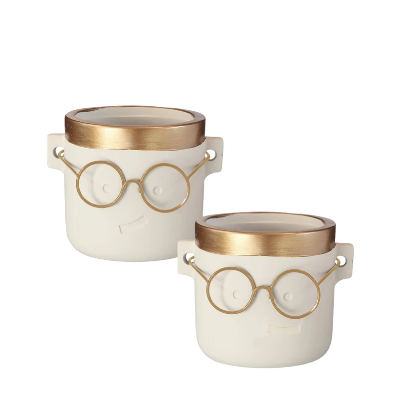 Topf Harry Zement mit Brille 2-fach sortiert 12,5x10x10cm ecru-gold