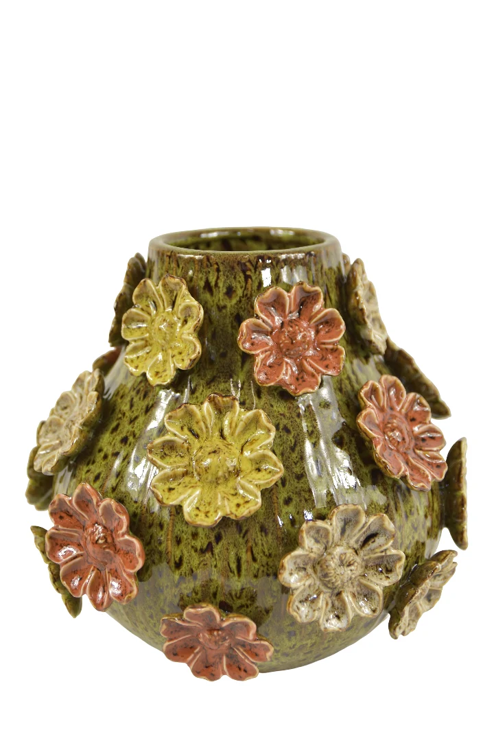 Vase mit Blumen, D27 H25cm, Grün/Mehrfarbig