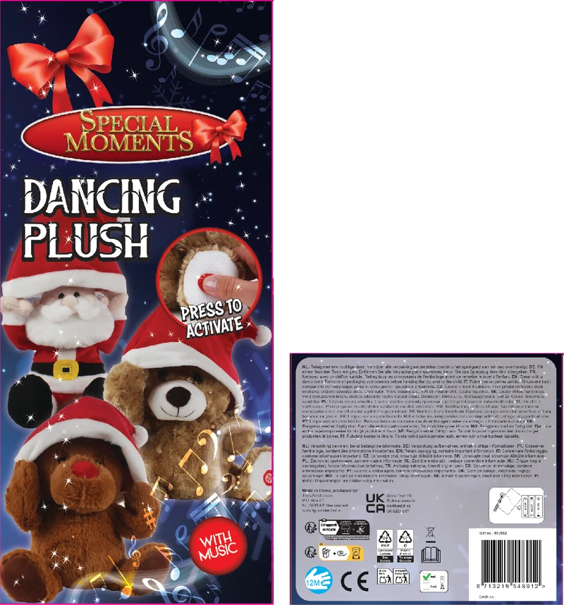 Tanzende Rentiere mit Weihnachtsmannmütze und Musik (29–36 cm)