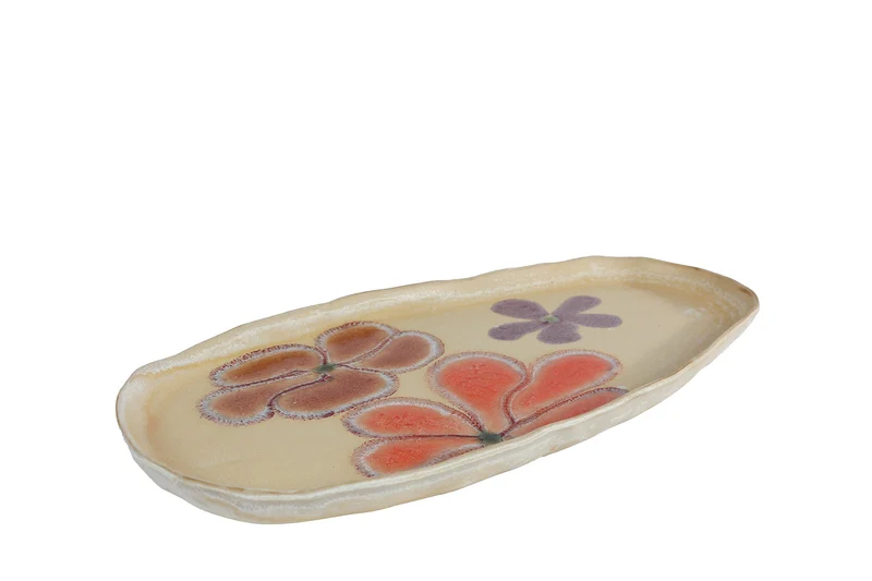 Tablett „Margje“ S, Blumenmuster, beigefarbenes Steingut, 31 x 15,5 x 2 cm