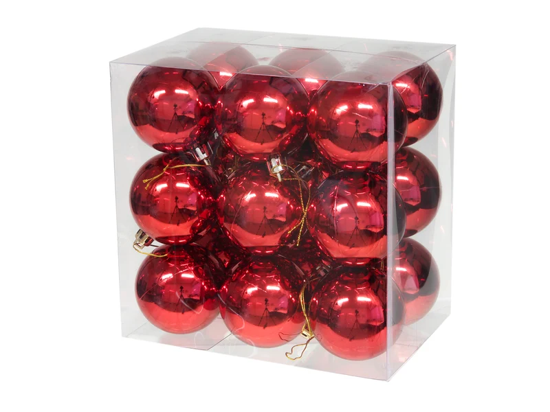 cb. 18 rote, glänzende Kunststoffkugeln, 58 mm