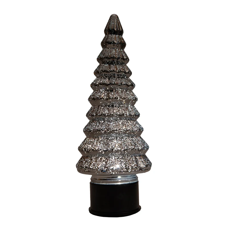 Weihnachtsbaum aus Glas, drehbar, mit 20 LEDs, 3x AA Batterien, mit Timer, 13 x 35 cm, metallic anthrazit.