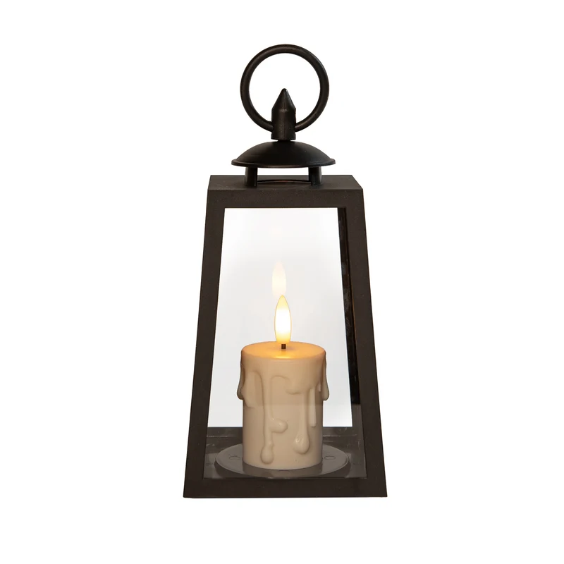 Laterne mit Tropfkerze, 3D-Flamme, batteriebetrieben, mit Timer, 10x10x20,5 cm, schwarz