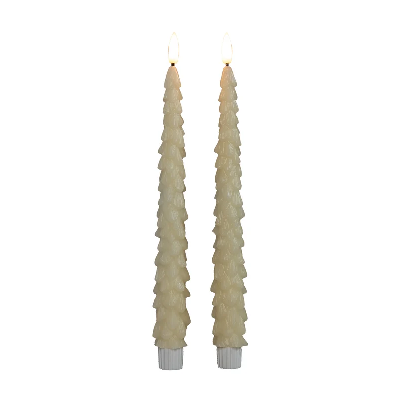 Tischkerze Weihnachtsbaum Wachs 3D Flamme mit 2x2AAA Batterien und Fernbedienung, 27cm Elfenbein, 2 Stück