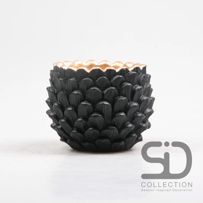 Blumentopf mit Tannenzapfenmuster, Zement, 11,5 x 11,5 x 8,8 cm, Schwarz
