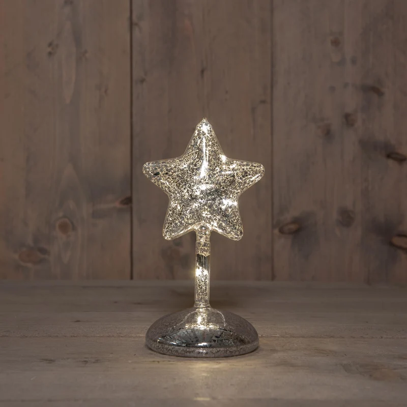 LED-Tischleuchte aus Glas auf Fuß, batteriebetrieben mit Timer, H19cm, silber