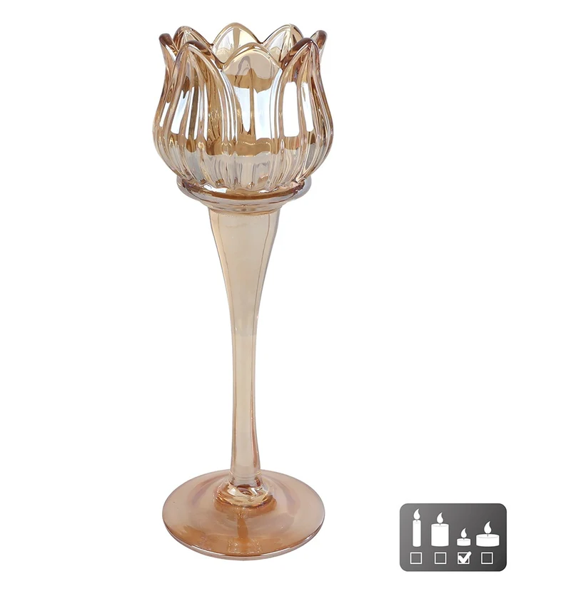 Teelichthalter „Tulpe“, glänzendes bernsteinfarbenes Glas, 7 x 7 x 16 cm