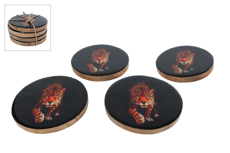 Untersetzer "Leopard" s4 schwarz Holz/Emaille 10x10x3,5cm