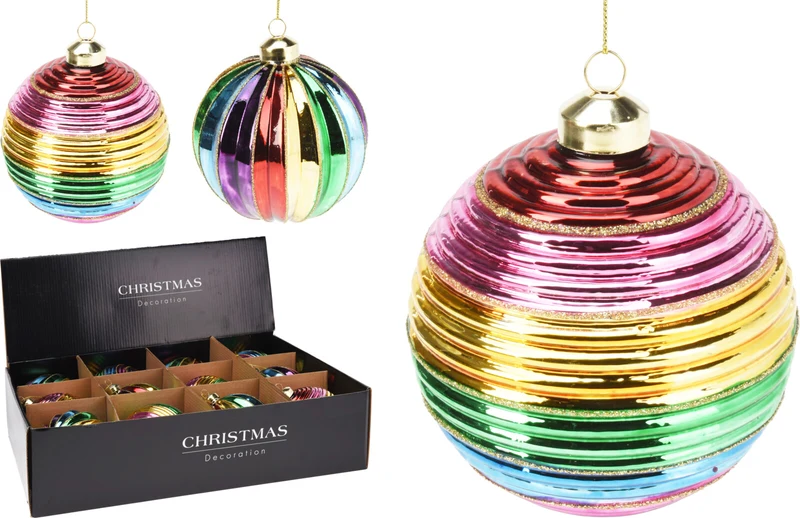Weihnachtskugel aus Glas, Ø 10 cm, mehrfarbig gestreift, 2er-Set