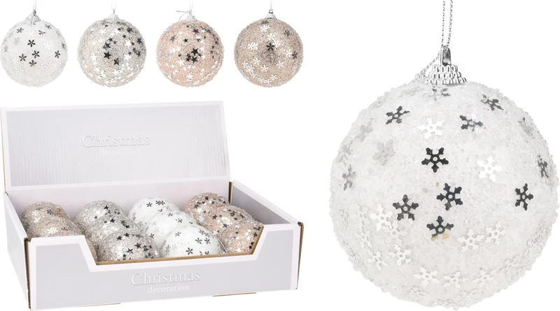 Weihnachtskugel aus Polystyrol, Ø 8 cm, Glitzer, Winterweiß, 4 verschiedene Farben