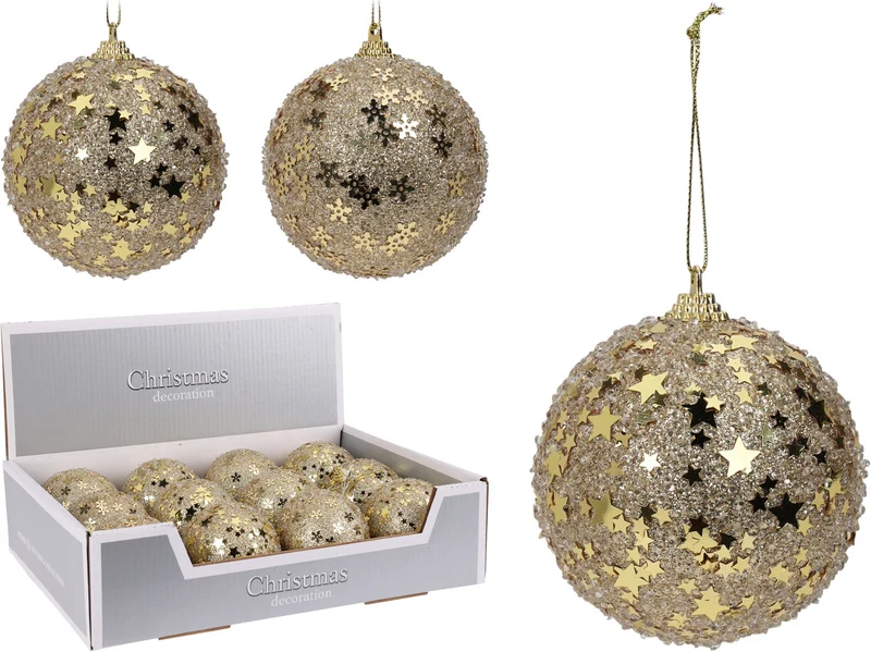 Weihnachtskugel aus Polystyrol, Ø 8 cm, goldglitzernd, 2 verschiedene Designs.