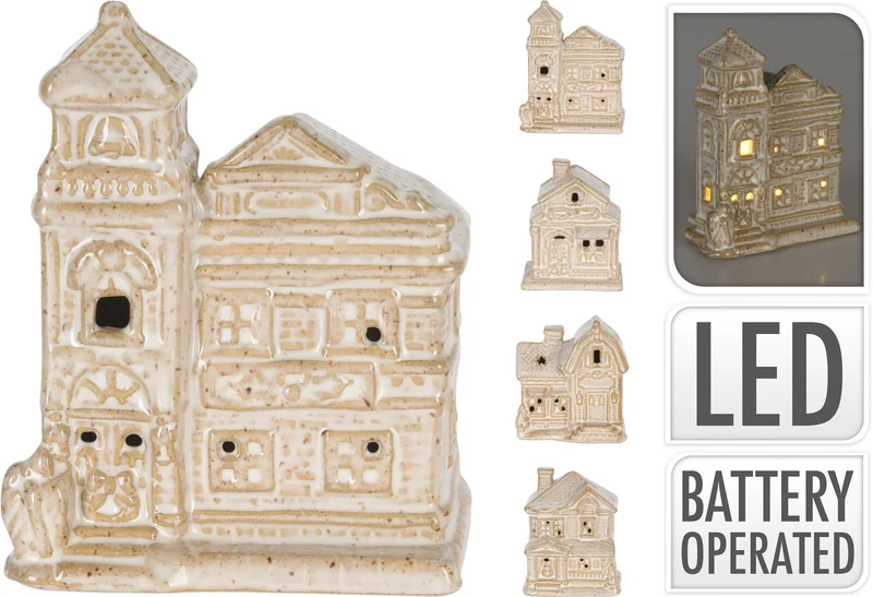 HAUS MIT LED-PORZELLAN, BEIGE, 7,5X7CM, 4ER-SET, INKL. 2X LR44
