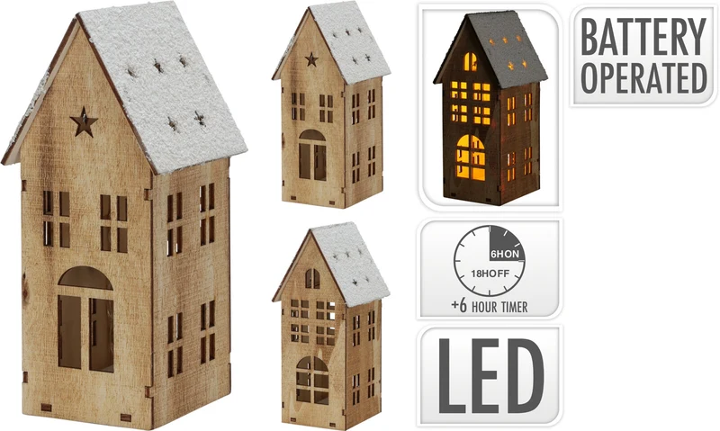 HOLZHAUS + SCHNEE 8X9X18CM MIT LED/TIMER OHNE 2X AAA 2 SORTEN