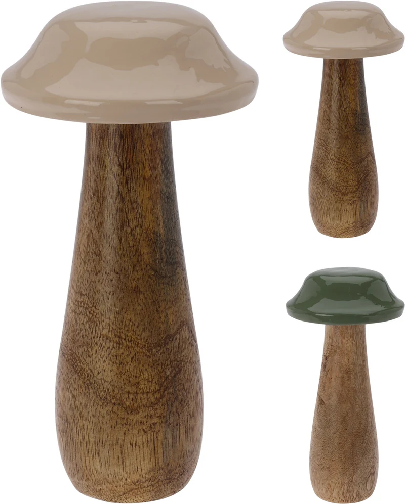 Pilz aus Mangoholz, D10 H20cm, 2er-Set, grün/beige sortiert