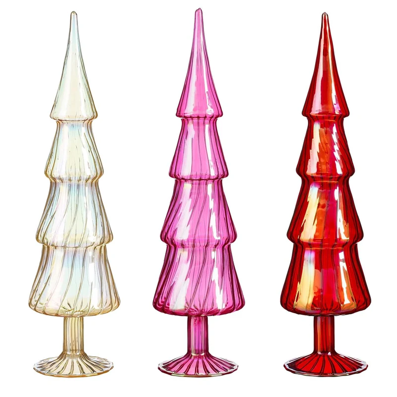 Dekobaum aus Glas, rot, rosa, gold, 3er-Set - H39 x D10 cm