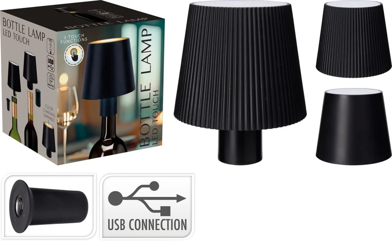 Flaschenlampe 10 x 8 cm, schwarz, 2 verschiedene Farben, USB-aufladbar/dimmbar