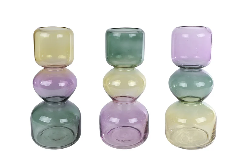 Vase „Nour“, lila/senfgelb/grün, 3 verschiedene Glasvasen, 12 x 12 x 27,5 cm