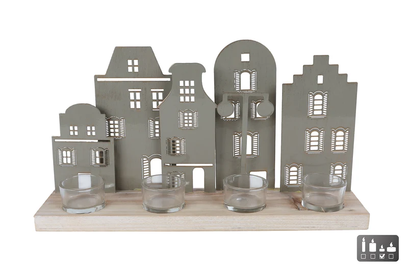 Teelichthalter „Street“, 4 Stück, cremeweiß, Metall/Holz, 38 x 8,5 x 20 cm