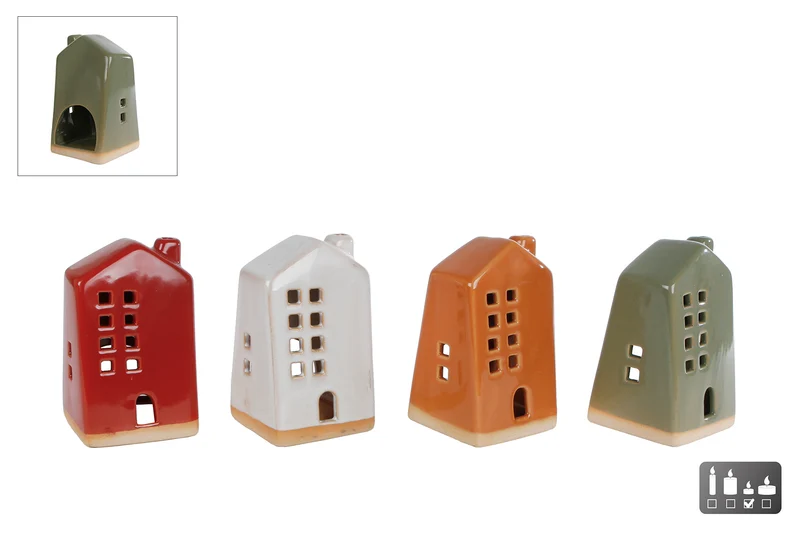 Teelichthalter „Haus“ S gr/rd/br/iv 4 verschiedene Steingutsorten 6,4 x 6,1 x 10,5 cm