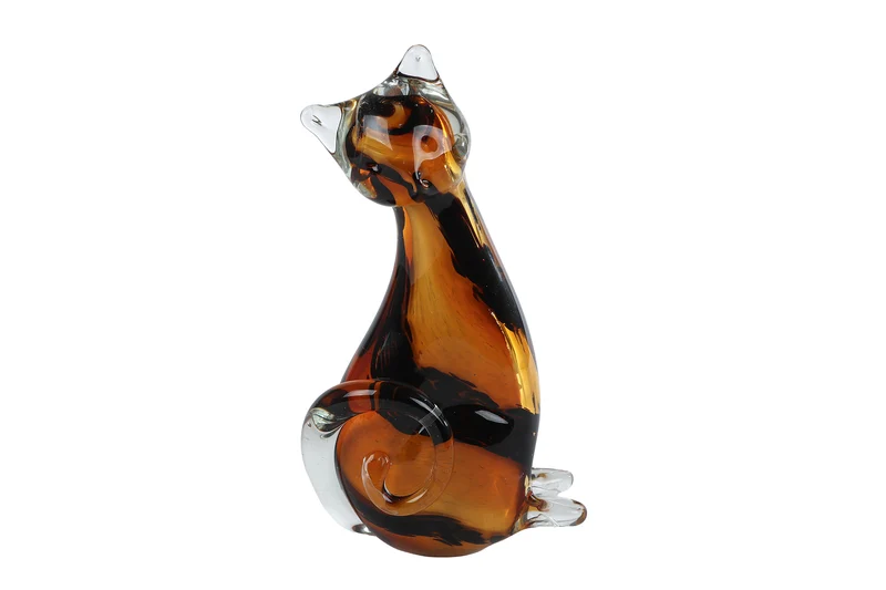 Skulptur "Katze" aus Bernstein/schwarzem Glas, 12x6x21cm