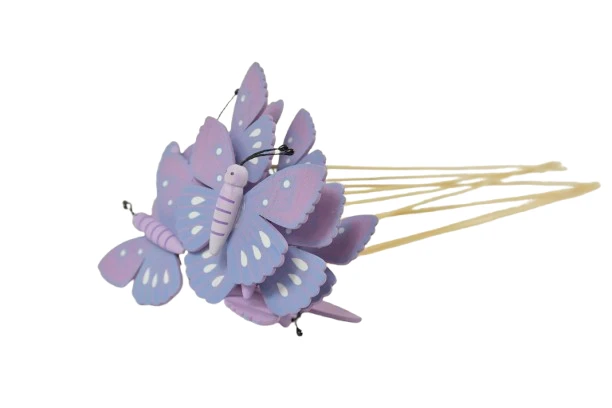 Packung mit 10 lila Holzschmetterlingen auf 50 cm Stab.