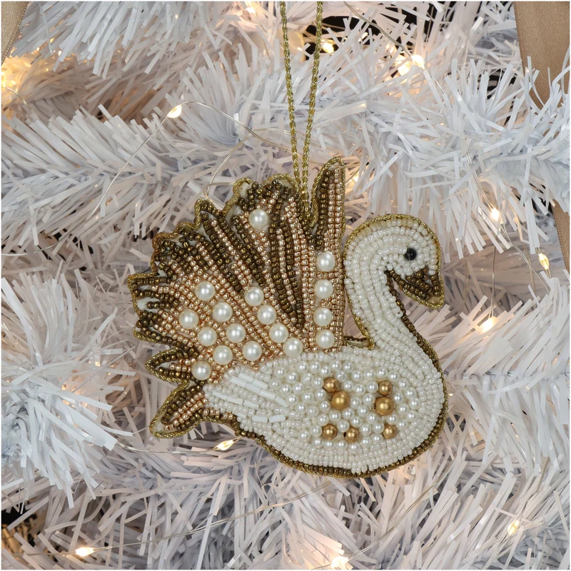 Ornament Schwan Perlen Weiß 10cm