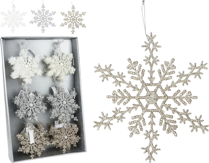 SCHNEEFLOCKE HÄNGEDEKO 15CM 3FACH SORTIERT MIX GLITZER