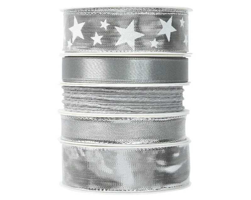 Schachtel mit 5 Rollen Polyesterband, 5 verschiedene Silberfarben, 25 mm, 3 m.