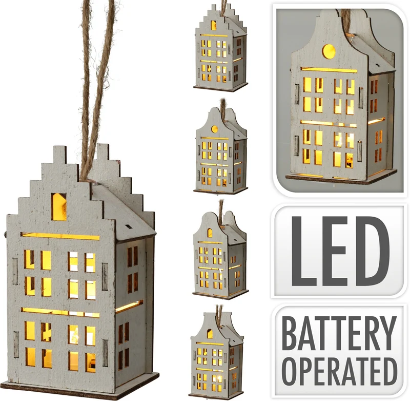 Lichterkette mit 10 Holz-Häuschen, LED, 150 cm, Natur, exkl. 2x AA Batterien