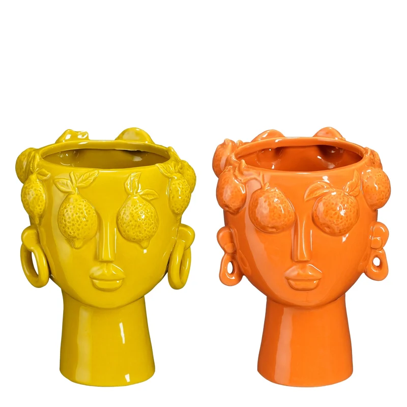 Lustiger Topf gelb-orange, 2er-Set - H21 x D16 cm