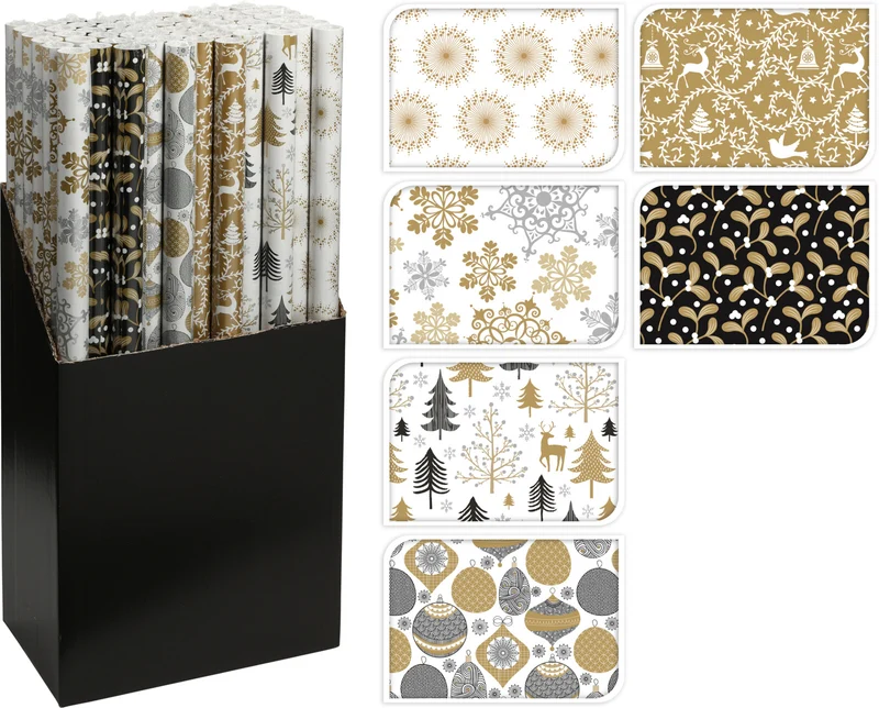 Geschenkpapier 70x200cm, 6 verschiedene, schicke Designs in Schwarz/Gold.