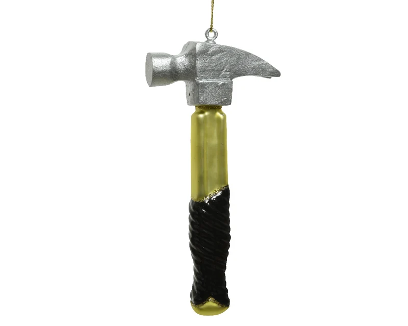 Ornament Hammer Glas Silber und Gold Glitter Details - L6.5 B2 H13cm