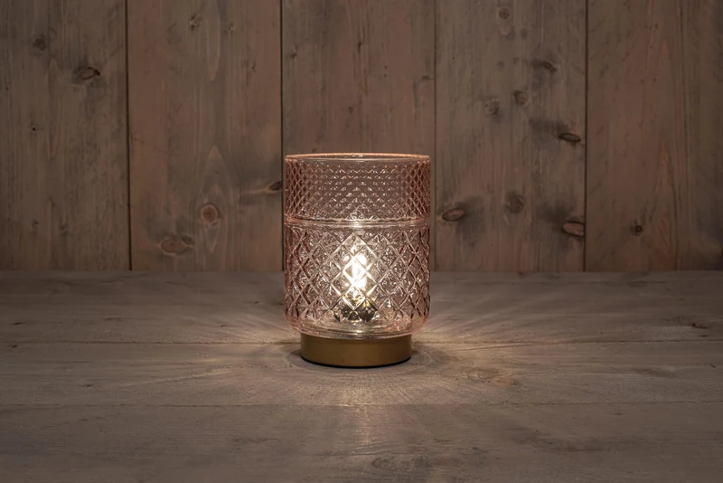 B.O. GLAS LAMPE ROSA MIT GOLD BASIS 12X17,5CM - 2XAAA
